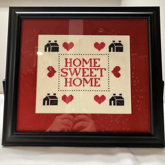 Home Sweet Home Framed Needlepoint, 15”x13” Black Houses Red Hearts, Handmade - Picture 1 of 10